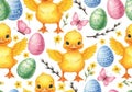 Cute easter chicks and painted eggs adorable spring pattern for festive decorations and gifts Royalty Free Stock Photo