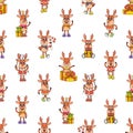 Charming Seamless Pattern Featuring Retro Christmas Deer Cartoon Characters with Festive Elements, Tile Background
