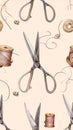 Vintage Sewing Scissors and Thread Spools Seamless Pattern Royalty Free Stock Photo