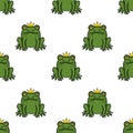 A charming seamless vector pattern featuring cute green frogs adorned with golden crowns, set against a clean white background, Royalty Free Stock Photo