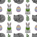 Charming seamless vector pattern featuring cute grey cats, adorable bunnies with green bows, and pastel striped Easter eggs, Royalty Free Stock Photo