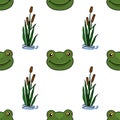 A charming seamless vector pattern featuring friendly frog faces and cattails in a pond environment Royalty Free Stock Photo