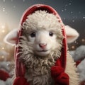 charming sheep in a red hat with a ornament on a Christmas background.