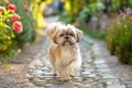 Charming shih tzu walking on cobblestone path in lush garden AI Royalty Free Stock Photo