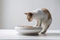 A charming, side-profile image of a cat attentively eating from a stylish, food dish, elegant posture of the feline, set against a Royalty Free Stock Photo