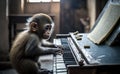 A small monkey playing piano in the old warehouse, side view in the morning, generative AI Royalty Free Stock Photo