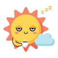 Adorable Sleepy Kawaii Sun Holding Coffee Cartoon Cloudy Morning Vector Royalty Free Stock Photo