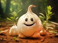 charming smiling garlic cartoon character on blurred vegetable garden background Royalty Free Stock Photo