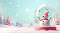 A charming snow globe with a cute happy snowman inside it. Magical snow globe with Christmas decorations. A wintry scene Royalty Free Stock Photo