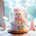 A charming snow globe with a cute snowman inside it. Magical snow globe with Christmas decorations. A wintry scene Royalty Free Stock Photo