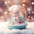 A charming snow globe with a cute snowman inside it. Magical snow globe with Christmas decorations. A wintry scene Royalty Free Stock Photo
