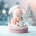 A charming snow globe with a cute snowman inside it. Magical snow globe with Christmas decorations. A wintry scene Royalty Free Stock Photo