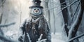 Charming snowman with a joyful smile wearing a top hat and scarf stands in a serene snowy forest scene embodying the spirit of Royalty Free Stock Photo