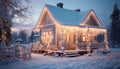 Charming snowy cottage with festive christmas decorations and lights on front porch and entrance