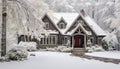 Charming snowy cottage with festive christmas decorations and lights on front porch and entrance Royalty Free Stock Photo