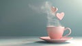 A charming, soft-focus image of a pink cup with steam forming heart shapes, invoking a sense of warmth, affection, and comfort