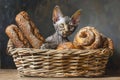 Charming Sphynx Kitten with Bread and Buns in Wicker Basket on Rustic Background Royalty Free Stock Photo