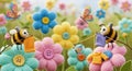 Whimsical spring garden with adorable bees and colorful button flowers for easter celebration Royalty Free Stock Photo