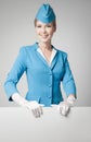 Charming Stewardess In Blue Uniform With Blank Form On G