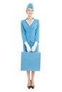 Charming Stewardess In Blue Uniform And Suitcase On Whit Royalty Free Stock Photo