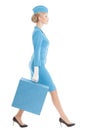 Charming Stewardess In Blue Uniform And Suitcase On White Royalty Free Stock Photo