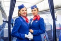 Charming Stewardess Dressed In Uniform in the passenger cabin of the aircraft. Russia, Saint-Petersburg. 23 November, 2017.