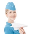 Charming Stewardess Holding Paper Plane In Hand Isolated On White