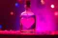 Vibrant Love Potion Bottle on Wooden Table, Neon Lights, St. Valentine\'s Day, Generative AI