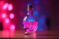 Vibrant Love Potion Bottle on Wooden Table, Neon Lights, St. Valentine\'s Day, Generative AI