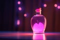 Vibrant Love Potion Bottle on Wooden Table, Neon Lights, St. Valentine\'s Day, Generative AI