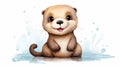 Adorable Watercolor Otter Cartoon: Detailed Kids\' Show Style Illustration on White Background.