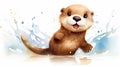 Adorable Watercolor Otter Cartoon: Detailed Kids\' Show Style Illustration on White Background.