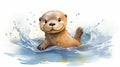 Adorable Watercolor Otter Cartoon: Detailed Kids\' Show Style Illustration on White Background.