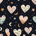 A charming storybook-inspired heart pattern, where each heart contains tiny whimsical doodles like