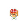 Charming strawberry cream pancake cartoon character with a falling in love face