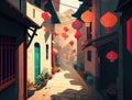 A charming street filled with colorful decorations for the Chinese New Year. AI generation Royalty Free Stock Photo