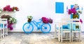 Charming street outdoor decoration with old bicycle and flowers. Bodrum, Turkey Royalty Free Stock Photo