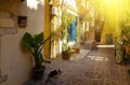 Charming streets Chania in rays of the setting sun of greek islands. Crete