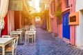 Charming streets of Greek islands, Crete. Street in the old town of Chania, Crete, Greece. Beautiful street in Chania, Crete Royalty Free Stock Photo