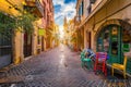 Charming streets of Greek islands, Crete. Street in the old town of Chania, Crete, Greece. Beautiful street in Chania, Crete Royalty Free Stock Photo