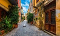 Charming streets of Greek islands, Crete. Street in the old town of Chania, Crete, Greece. Beautiful street in Chania, Crete Royalty Free Stock Photo