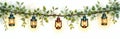 Charming string of vintage lanterns with green vines and leaves. Illuminated by warm light, these decorative lights create a Royalty Free Stock Photo