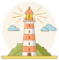 Charming striped lighthouse illustration beaming bright light rays from a coastal island hill with clouds Royalty Free Stock Photo