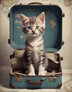 Charming tabby kitten with captivating blue eyes peeks out from an old, leather suitcase against a map covered backdrop, embodying