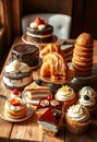 Delectable Pastry Assortment: Croissants, Cakes, and Cupcakes in Rustic Setting Royalty Free Stock Photo
