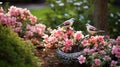 A charming tableau of finch birds nestled among blooming flowers, their presence adding a touch of natural elegance to the garden