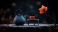 Charming tea set with teapot and cup on a rustic table autumn leaf detail Royalty Free Stock Photo