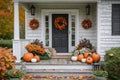 A charming Thanksgiving themed front porch with pumpkins, wreaths, and seasonal flowers Royalty Free Stock Photo