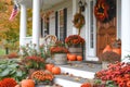 A charming Thanksgiving themed front porch with pumpkins, wreaths, and seasonal flowers Royalty Free Stock Photo