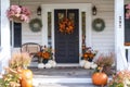 A charming Thanksgiving themed front porch with pumpkins, wreaths, and seasonal flowers Royalty Free Stock Photo